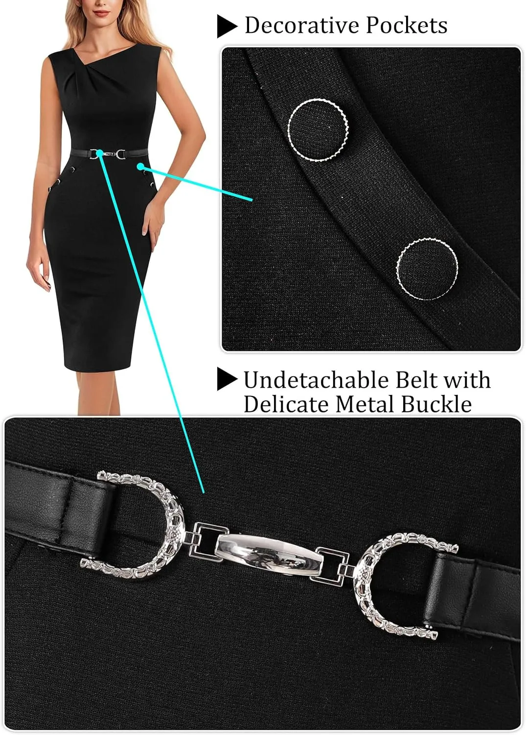 VFSHOW Womens Cocktail Business Casual Pleated Asymmetric Neck Buttons Belted Work Office Church Pencil Sheath Dress