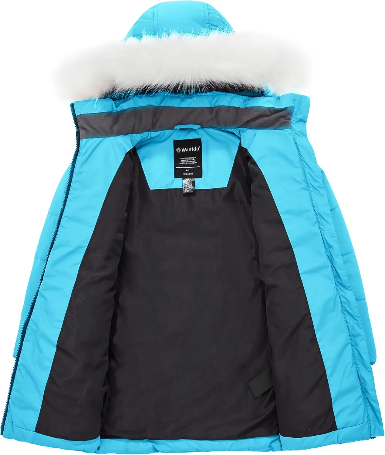 wantdo Girl's Winter Coat Waterproof Long Puffer Jacket Warm Parka with Faux Fur Hood
