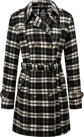 wantdo Women's Double Breasted Pea Coat Winter Mid-Long Trench Coat with Belt