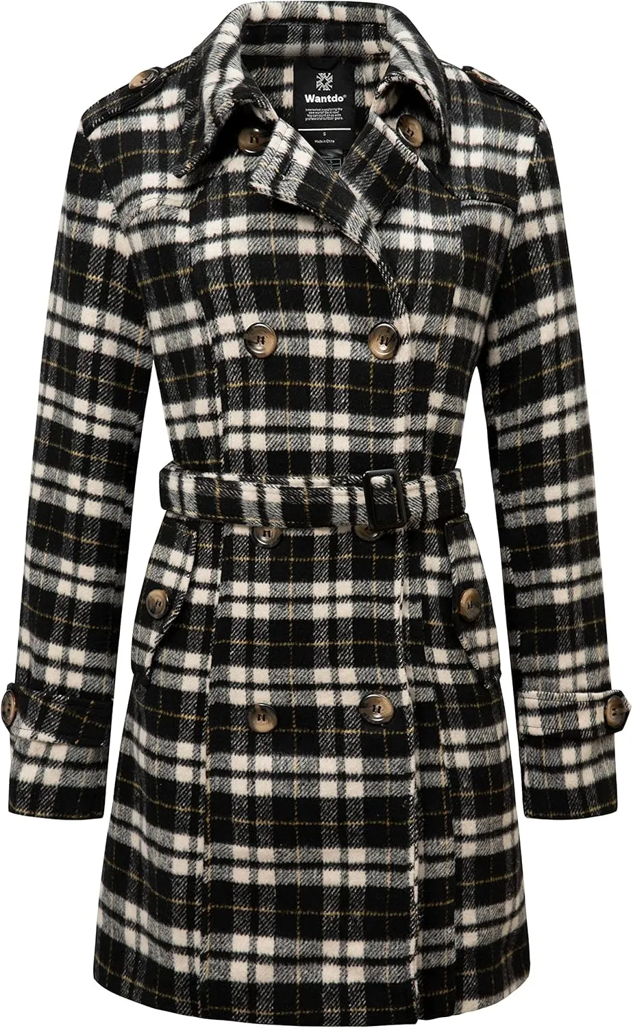 wantdo Women's Double Breasted Pea Coat Winter Mid-Long Trench Coat with Belt