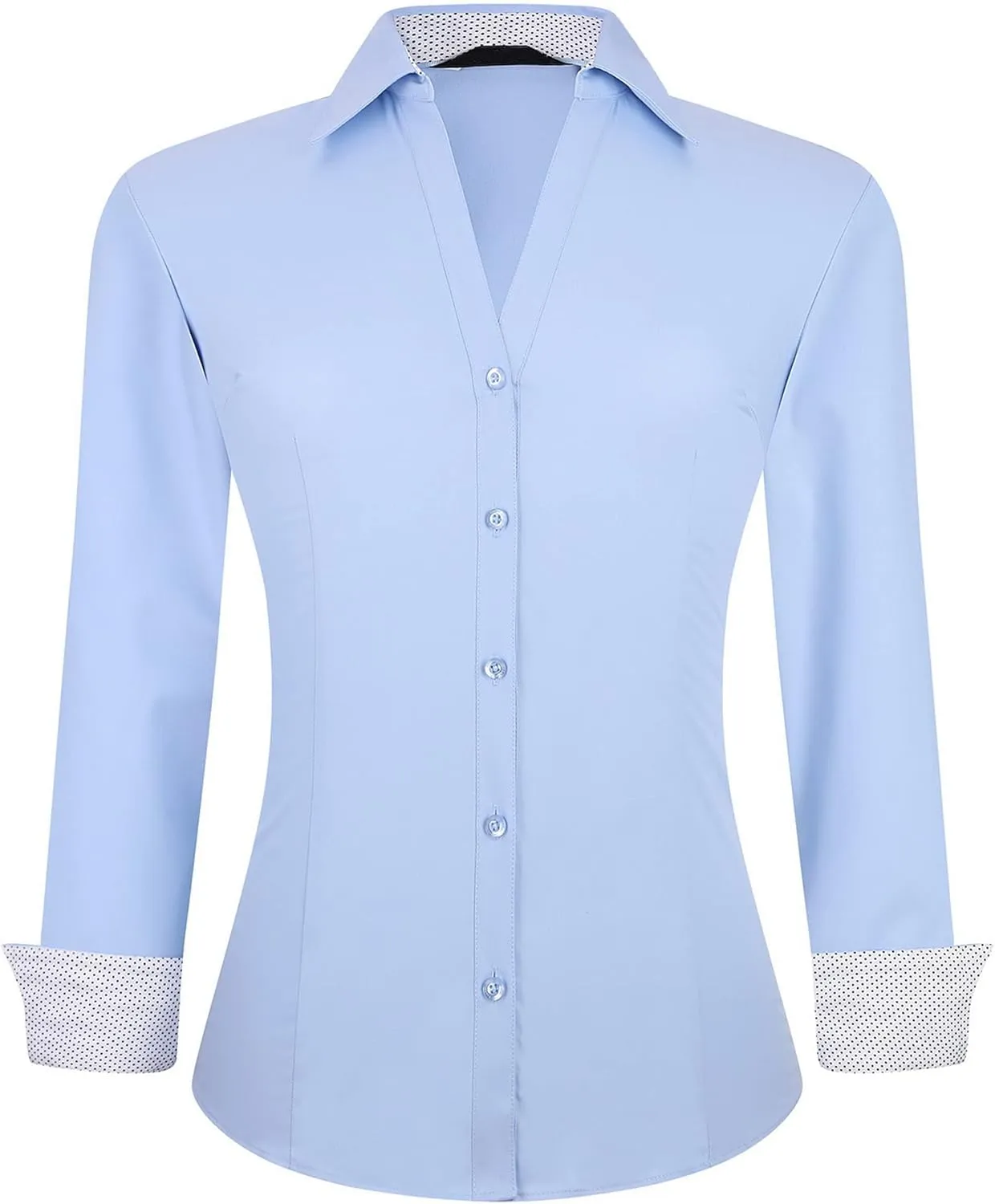 WARHORSEE Womens Button Down Shirt Long Sleeve Work Dress Shirts, V Neck Easy Care Stretchy Business Casual Blouses for Women