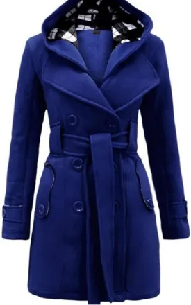 Women Casual Outwear Double Breasted Belt Hooded Long Sleeve Woolen Trench Coat