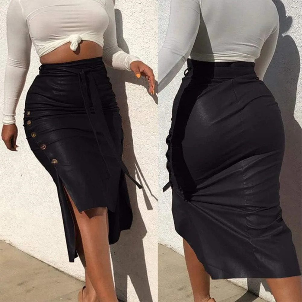 Women 's Faux Leather Pencil Skirt High Waist Button Slit Bodycon Hip-Wrapped Skirt with Belt