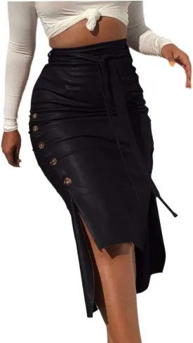 Women 's Faux Leather Pencil Skirt High Waist Button Slit Bodycon Hip-Wrapped Skirt with Belt