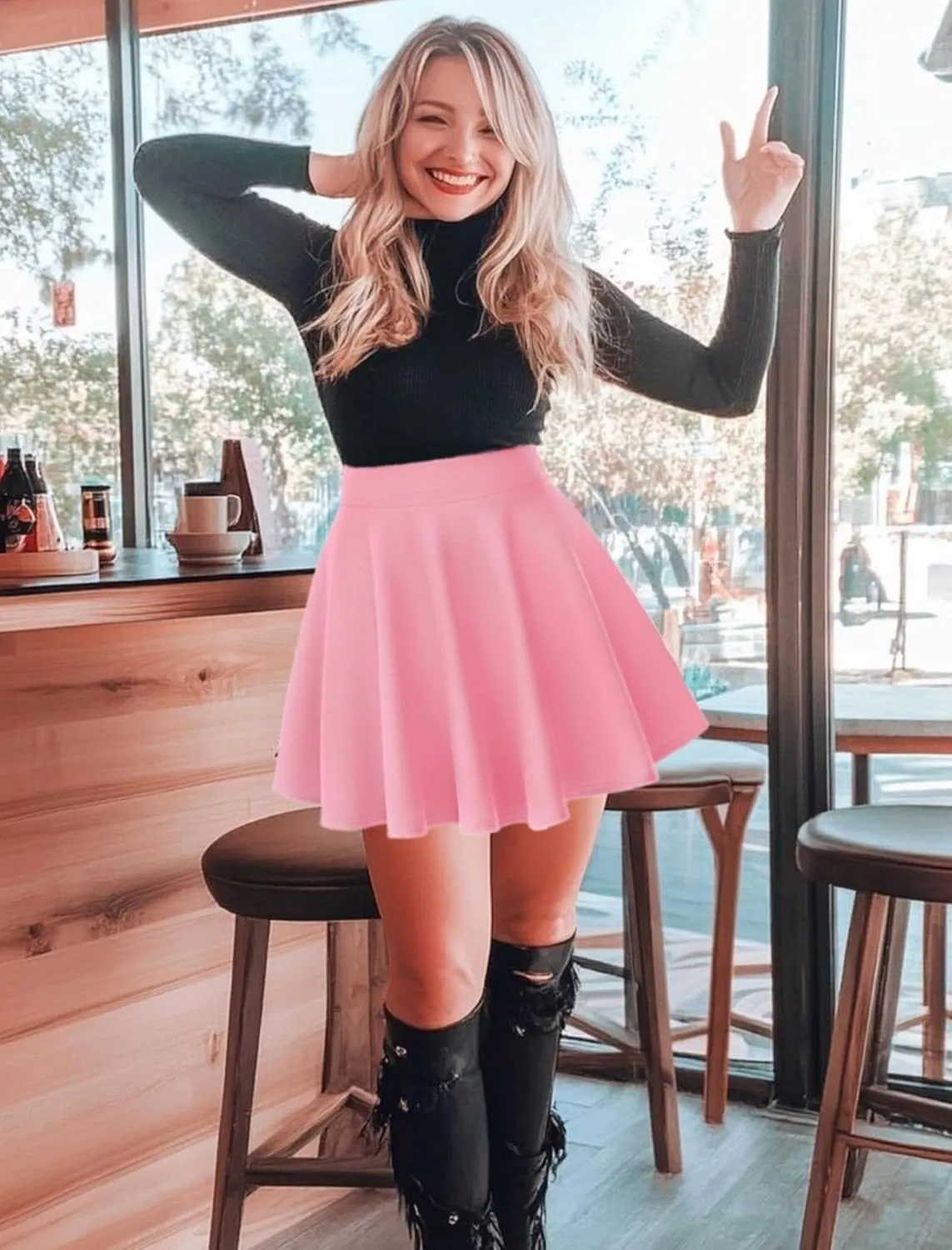 Women's Basic Stretchy Flared Mini Skater Skirt Versatile A-Line Casual Skirt with Fishnet Stockings S-XXL