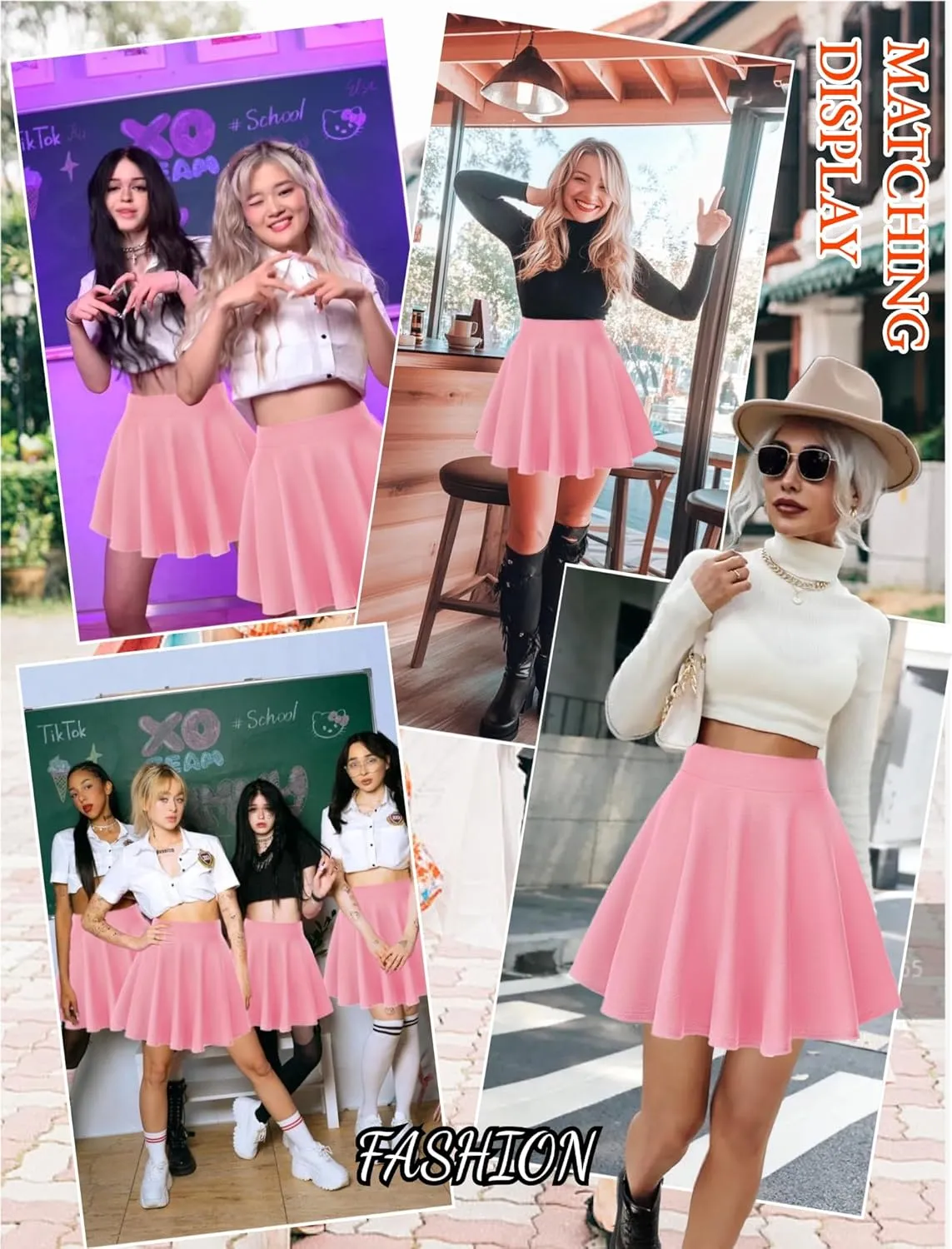 Women's Basic Stretchy Flared Mini Skater Skirt Versatile A-Line Casual Skirt with Fishnet Stockings S-XXL