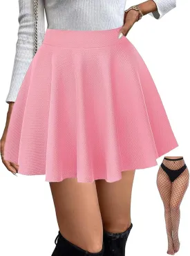 Women's Basic Stretchy Flared Mini Skater Skirt Versatile A-Line Casual Skirt with Fishnet Stockings S-XXL
