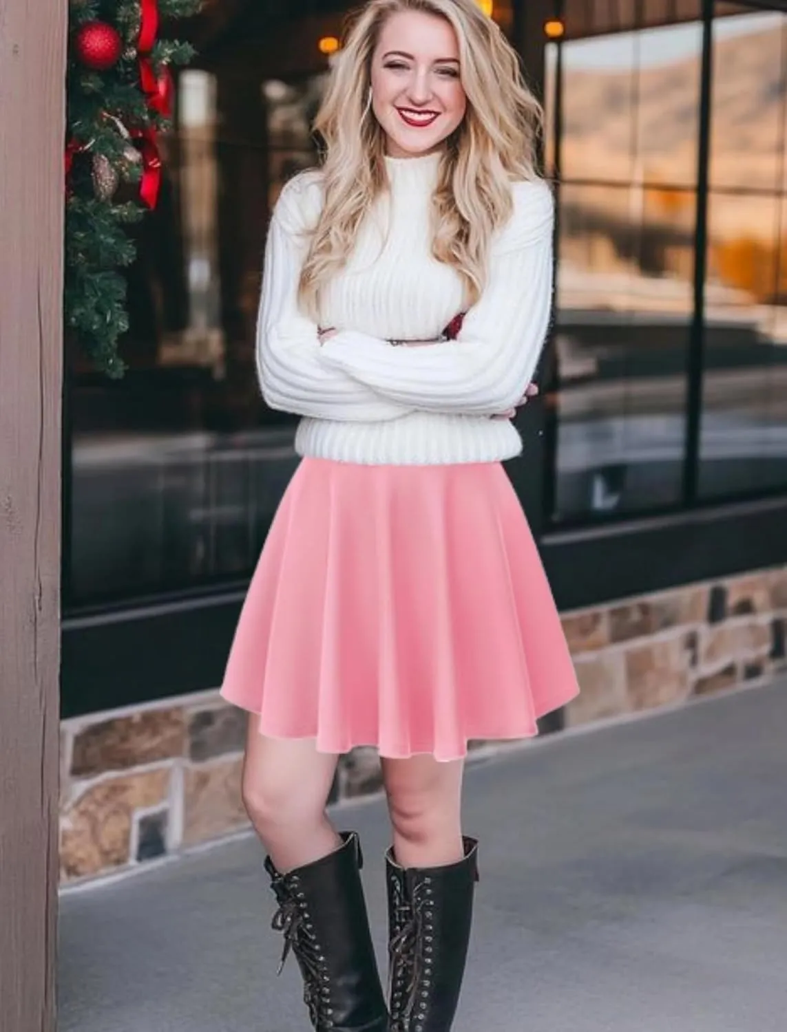 Women's Basic Stretchy Flared Mini Skater Skirt Versatile A-Line Casual Skirt with Fishnet Stockings S-XXL