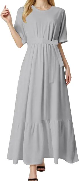 Women's Dresses Casual Summer Tiered Midi Dress Short Sleeve Belted Ruffle Babydoll Boho Sundress with Pockets
