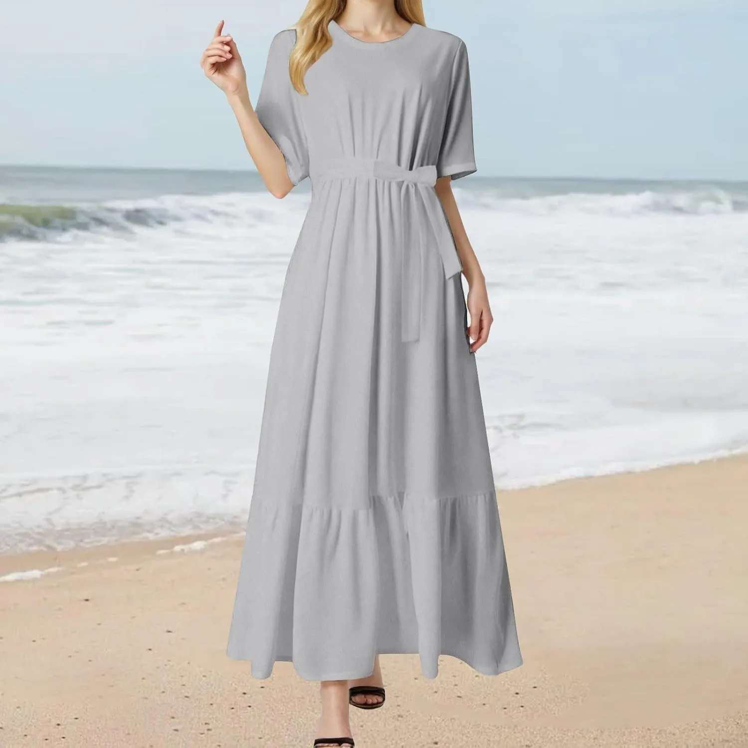 Women's Dresses Casual Summer Tiered Midi Dress Short Sleeve Belted Ruffle Babydoll Boho Sundress with Pockets