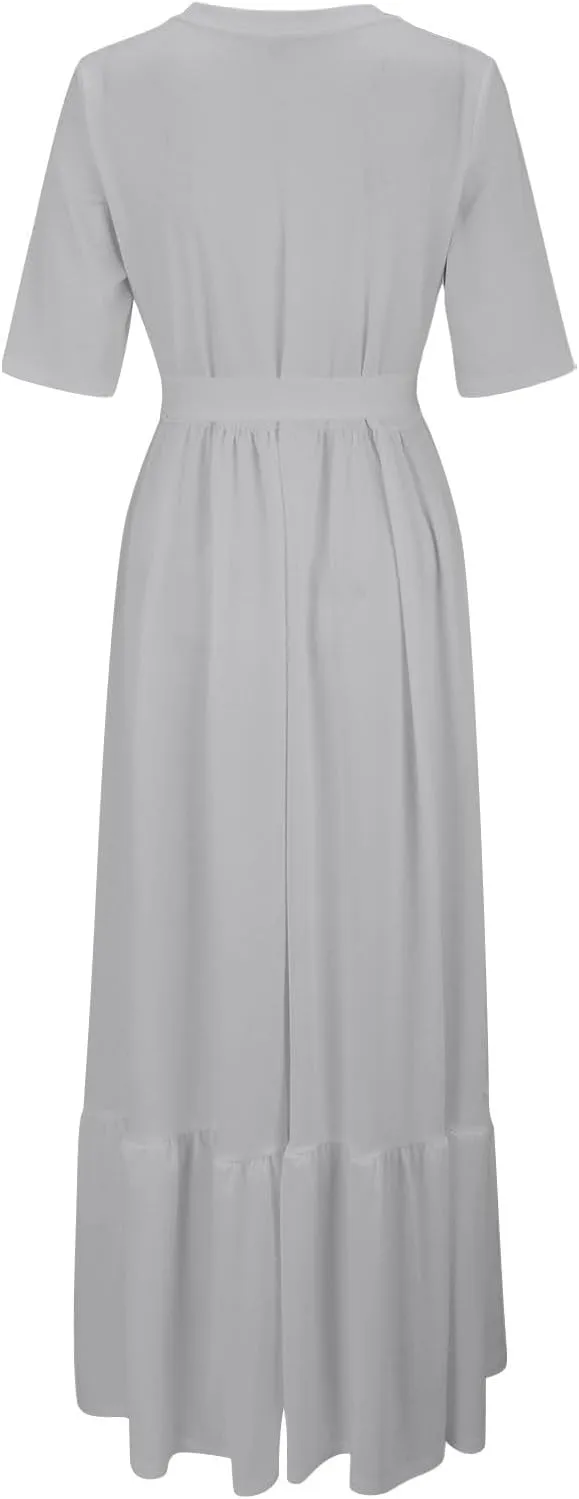 Women's Dresses Casual Summer Tiered Midi Dress Short Sleeve Belted Ruffle Babydoll Boho Sundress with Pockets