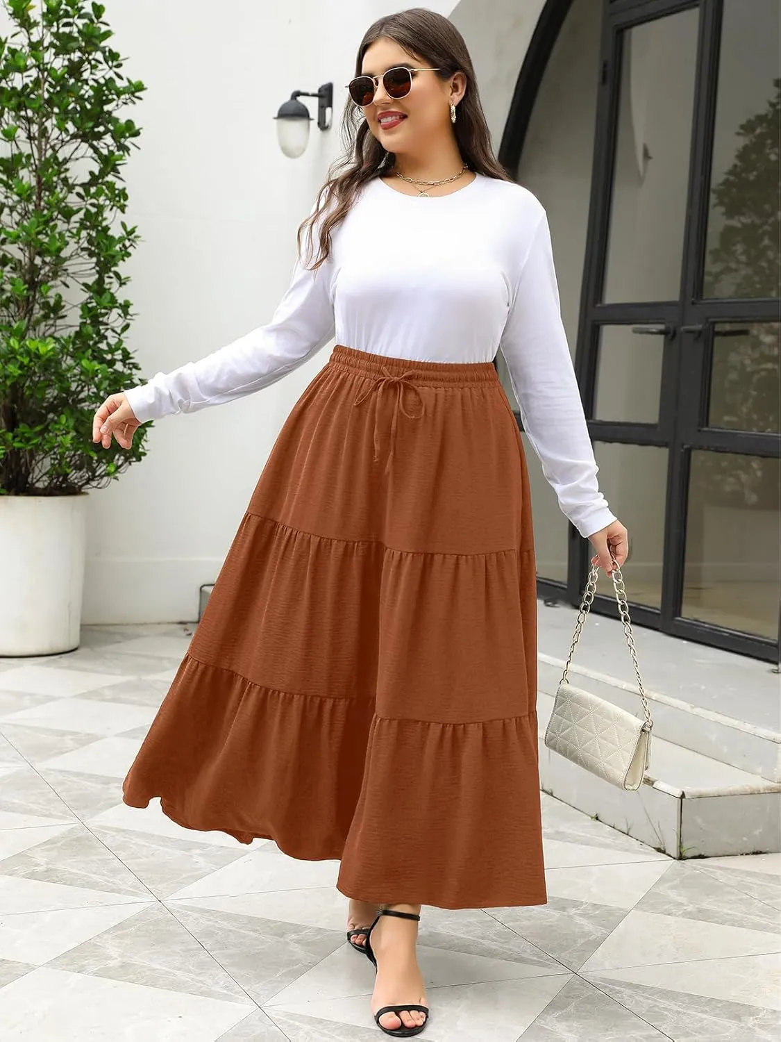 Women's Plus Size Long Maxi Skirt 1x-4x Elastic Waist Tie Drawstring Crinkle Flowy A-line Skirts with Pockets