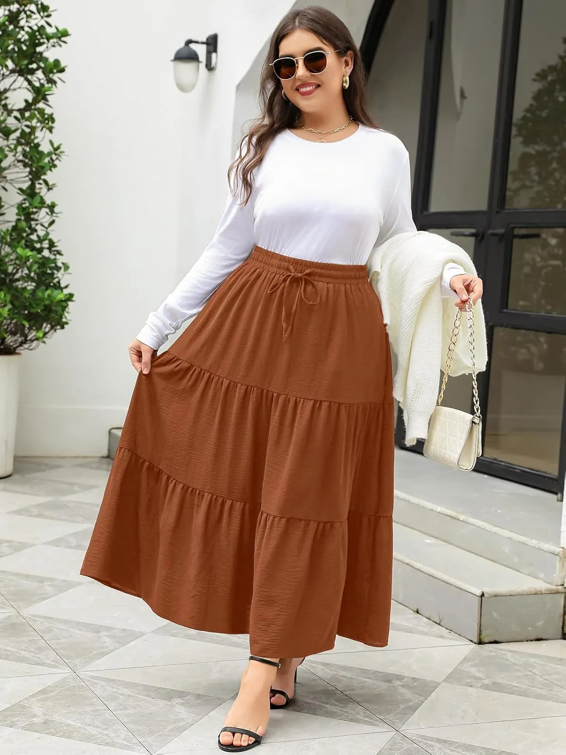 Women's Plus Size Long Maxi Skirt 1x-4x Elastic Waist Tie Drawstring Crinkle Flowy A-line Skirts with Pockets