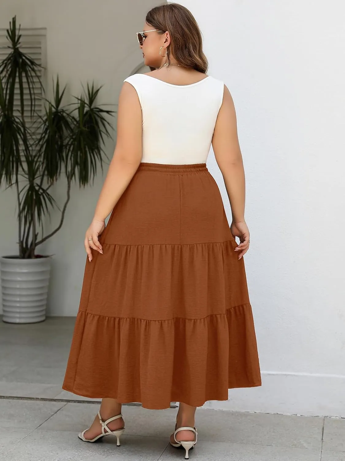 Women's Plus Size Long Maxi Skirt 1x-4x Elastic Waist Tie Drawstring Crinkle Flowy A-line Skirts with Pockets