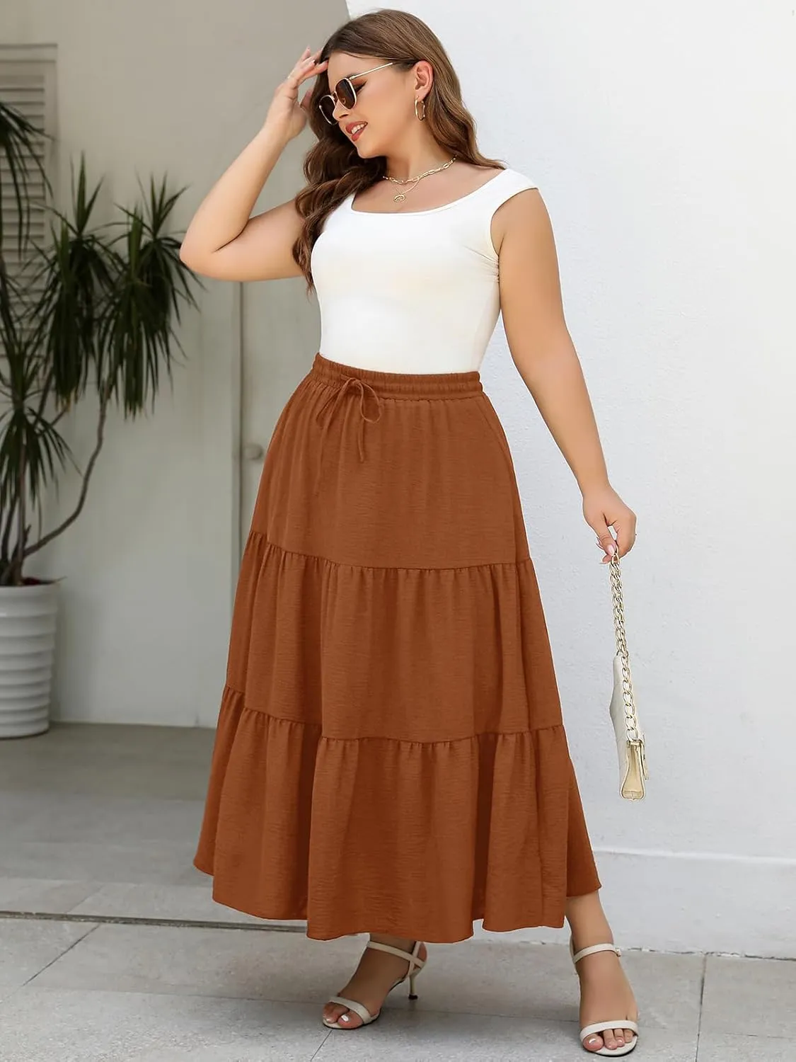 Women's Plus Size Long Maxi Skirt 1x-4x Elastic Waist Tie Drawstring Crinkle Flowy A-line Skirts with Pockets
