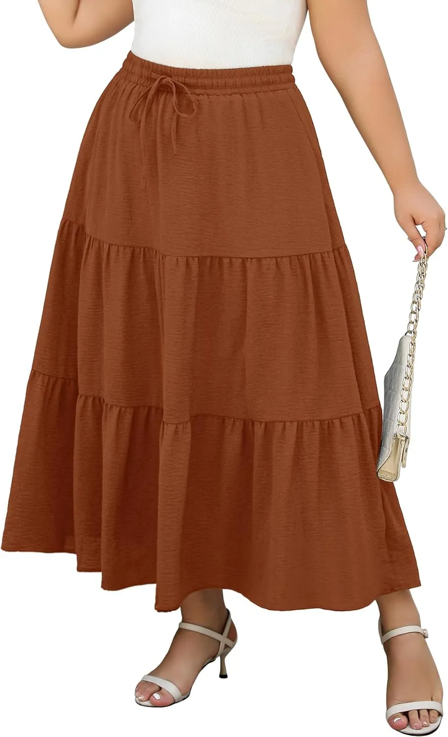 Women's Plus Size Long Maxi Skirt 1x-4x Elastic Waist Tie Drawstring Crinkle Flowy A-line Skirts with Pockets