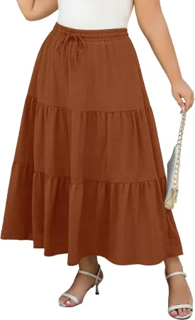 Women's Plus Size Long Maxi Skirt 1x-4x Elastic Waist Tie Drawstring Crinkle Flowy A-line Skirts with Pockets