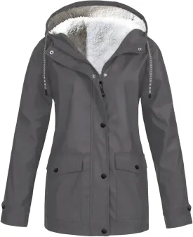 Womens Rain Jacket Sherpa Fleece Lined Hooded Coat Full Zip Button Jackets Outdoor Waterproof Travel Trench Coats