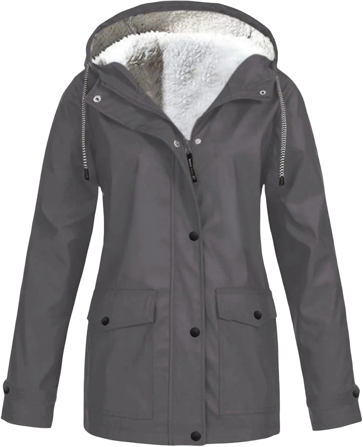 Womens Rain Jacket Sherpa Fleece Lined Hooded Coat Full Zip Button Jackets Outdoor Waterproof Travel Trench Coats