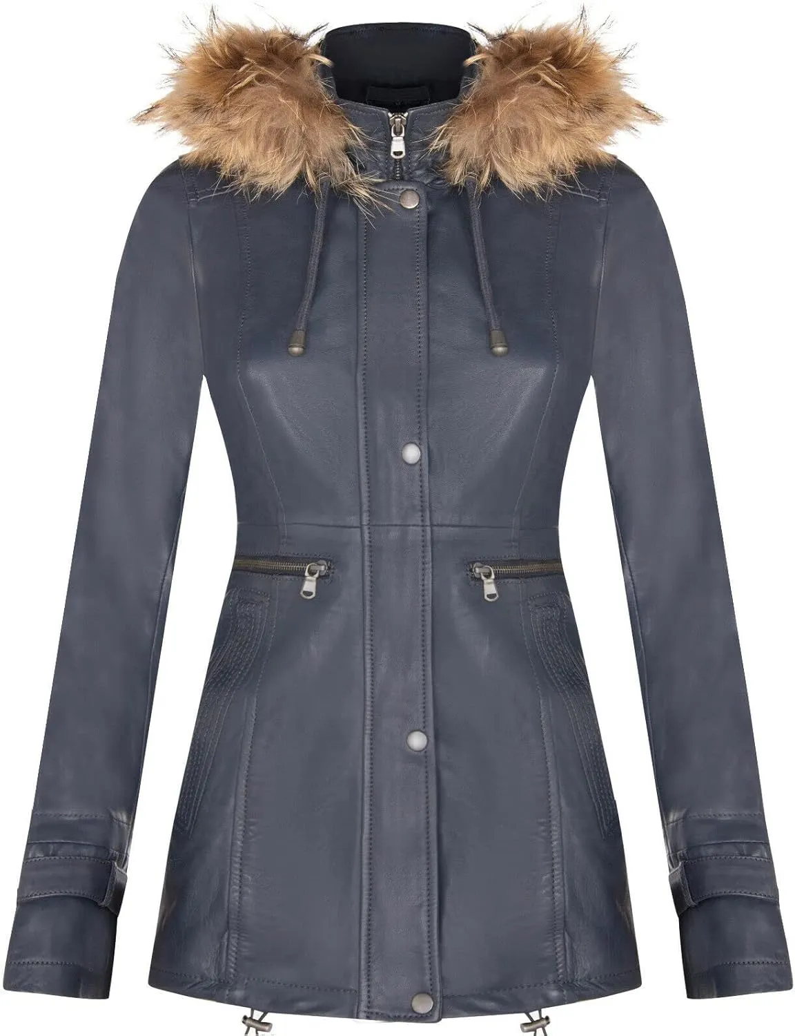 Women's Warm Leather Jacket Detachable Hooded Parker Trench Coat