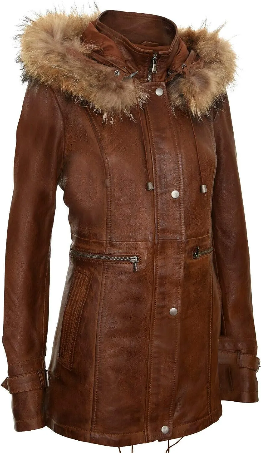 Women's Warm Leather Jacket Detachable Hooded Parker Trench Coat