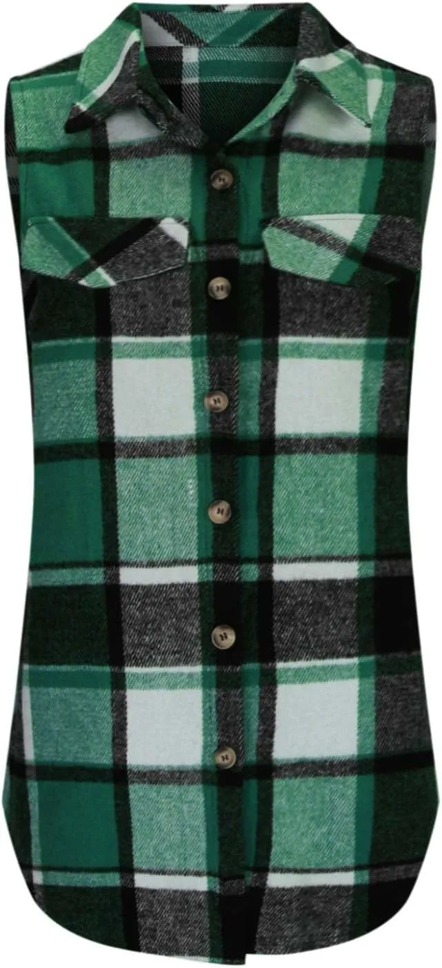 Womens Wool Blend Plaid Shacket Collared Winter Sleeveless Blazer Jackets Flannel Vest Long Button Down Cardigans