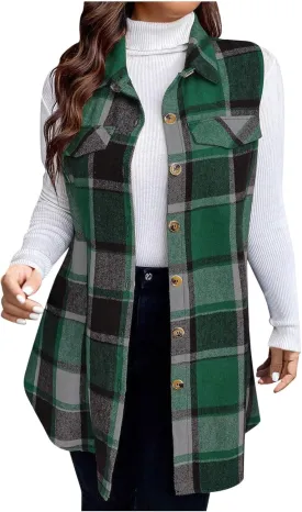Womens Wool Blend Plaid Shacket Collared Winter Sleeveless Blazer Jackets Flannel Vest Long Button Down Cardigans
