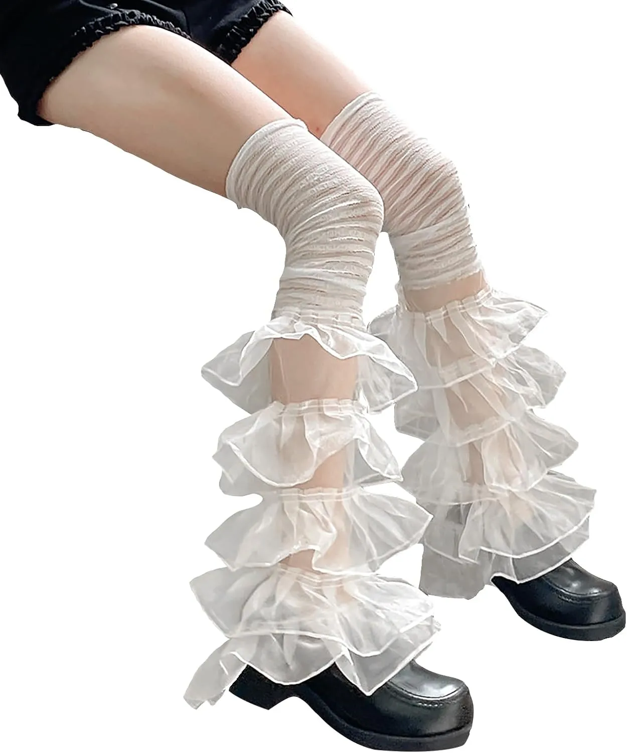 Y2K Lace Ruffle Leg Warmers Tiered Tulle Leg Sleeves Leggings Sexy Boot Cuffs Cover Socks Cosplay Streetwear for Women Girls
