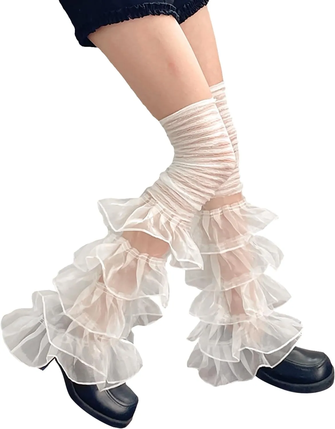 Y2K Lace Ruffle Leg Warmers Tiered Tulle Leg Sleeves Leggings Sexy Boot Cuffs Cover Socks Cosplay Streetwear for Women Girls