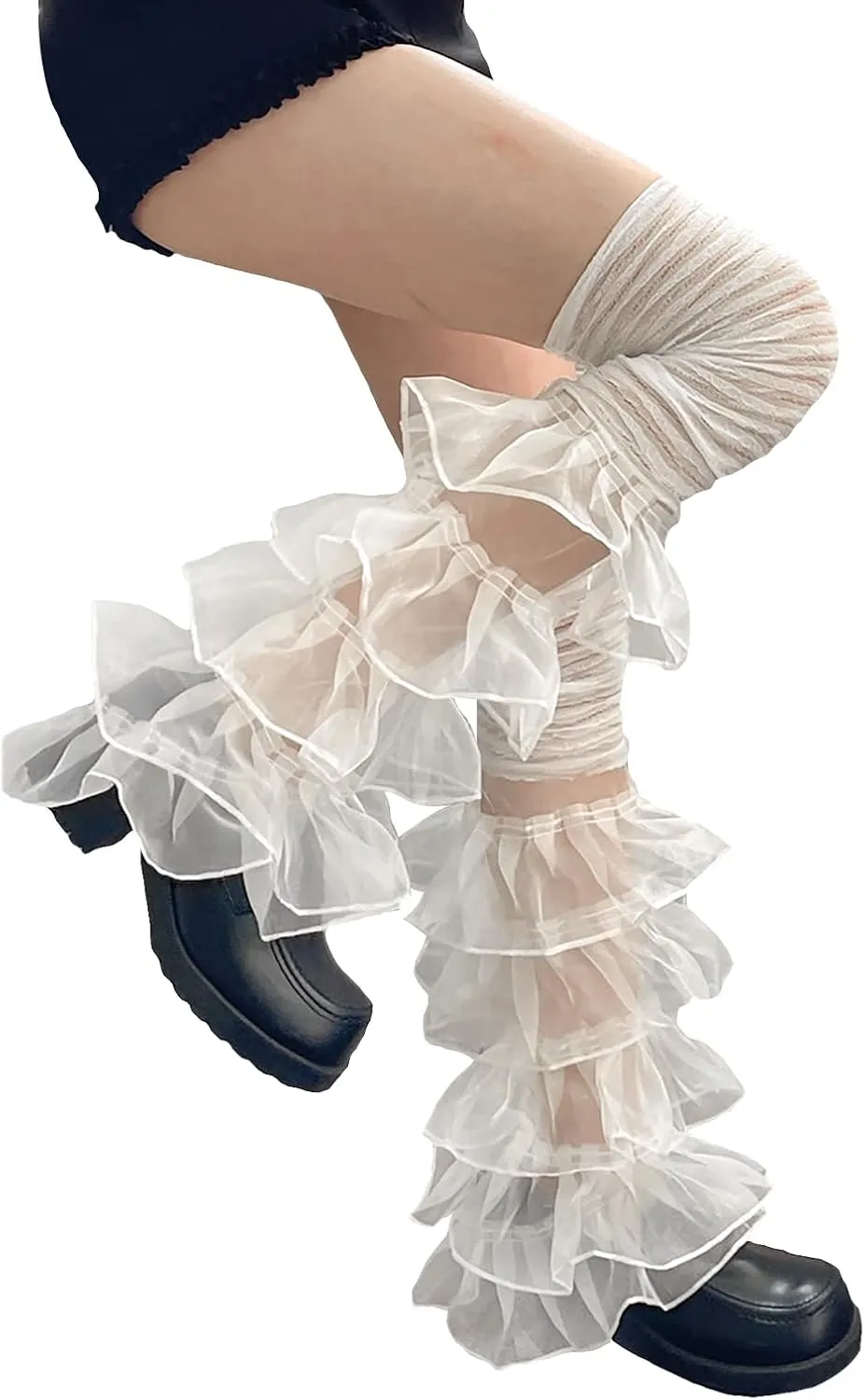 Y2K Lace Ruffle Leg Warmers Tiered Tulle Leg Sleeves Leggings Sexy Boot Cuffs Cover Socks Cosplay Streetwear for Women Girls