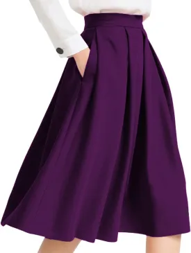 Yige Women's High Waist Flared Skirt Pleated Midi Skirt with Pocket