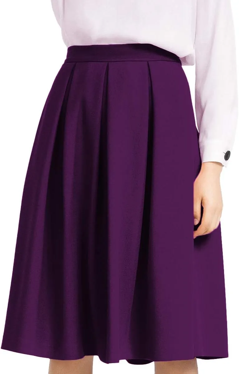 Yige Women's High Waist Flared Skirt Pleated Midi Skirt with Pocket
