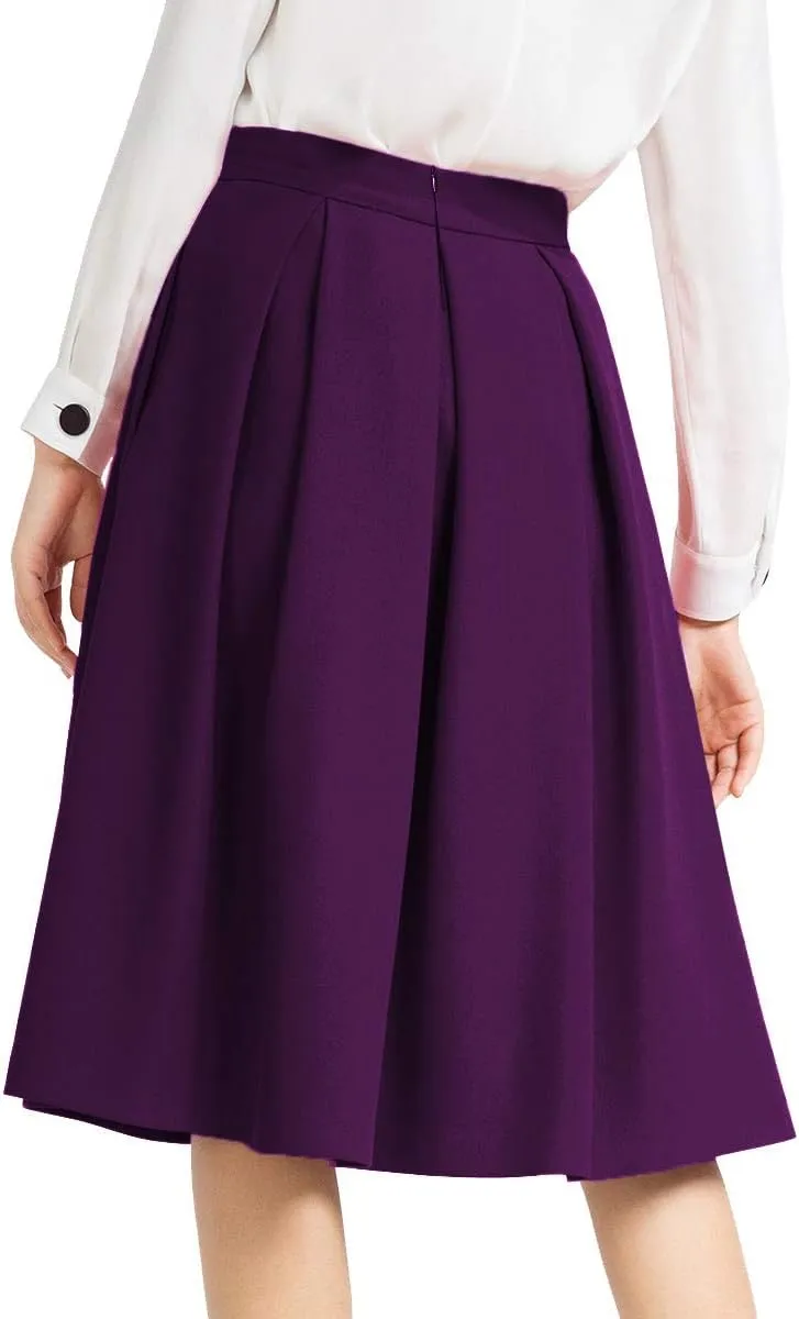Yige Women's High Waist Flared Skirt Pleated Midi Skirt with Pocket
