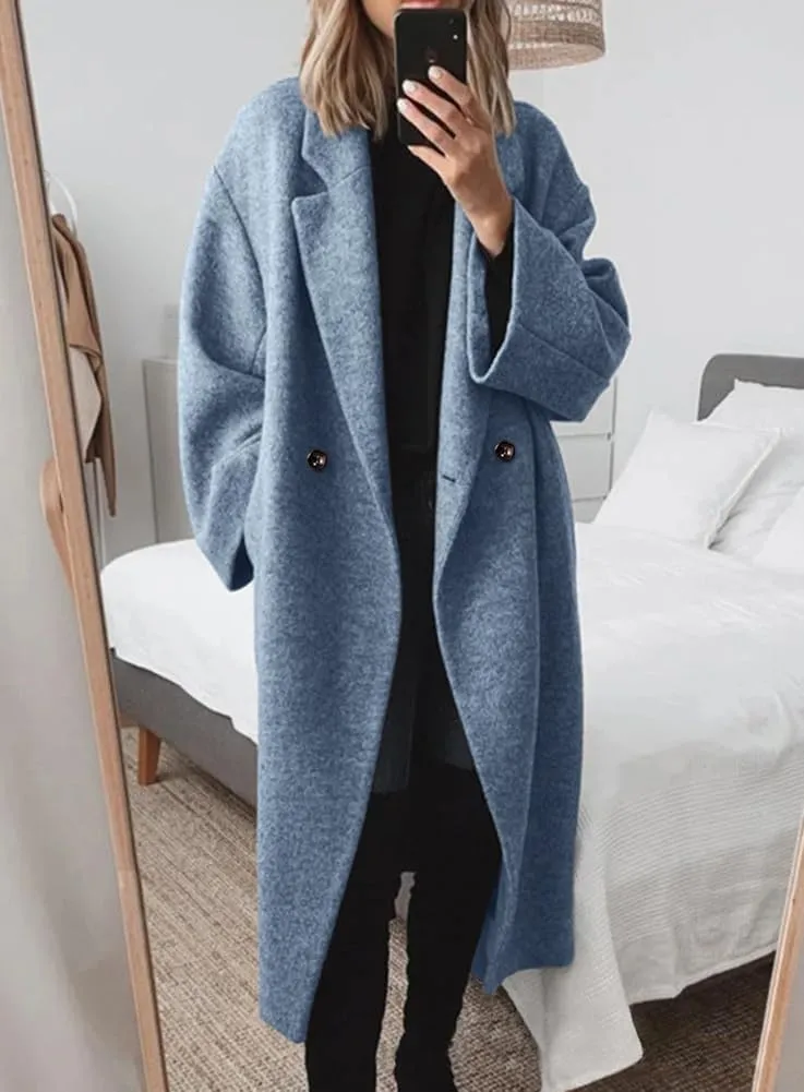 yoeasy Women's Winter Notch Lapel Double Breasted Pea Coat Wool Blend Long Sleeve Casual Long Trench Coat