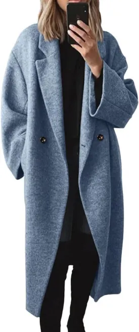 yoeasy Women's Winter Notch Lapel Double Breasted Pea Coat Wool Blend Long Sleeve Casual Long Trench Coat