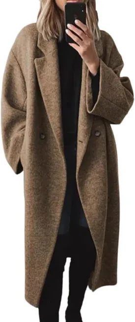 yoeasy Women's Winter Notch Lapel Double Breasted Pea Coat Wool Blend Long Sleeve Casual Long Trench Coat