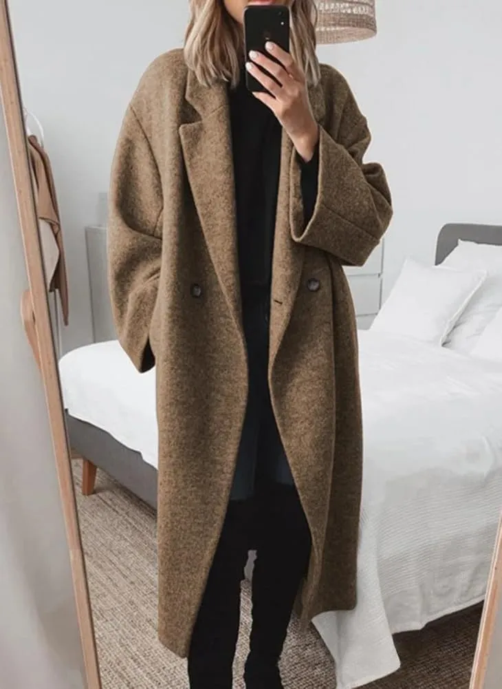 yoeasy Women's Winter Notch Lapel Double Breasted Pea Coat Wool Blend Long Sleeve Casual Long Trench Coat