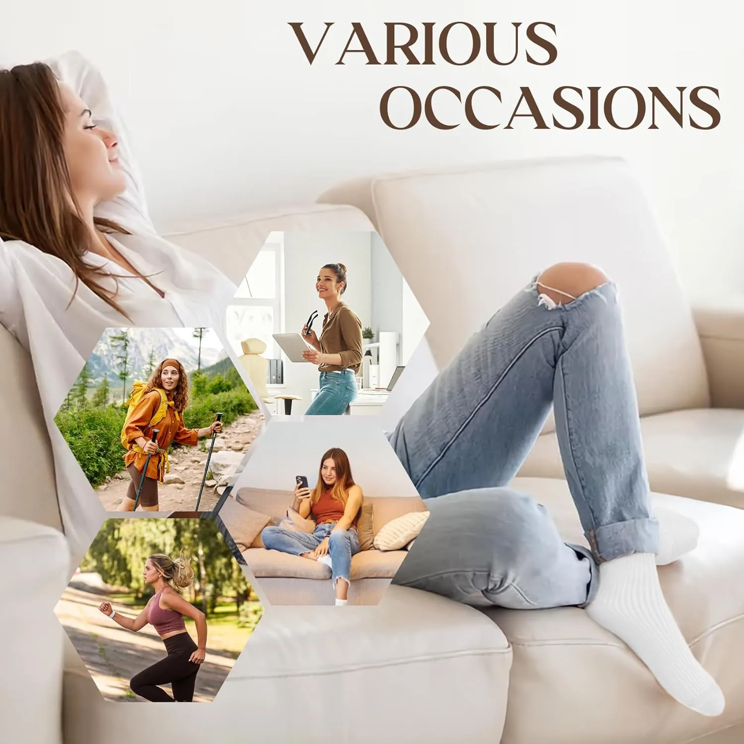 YSense 6 Pairs Women's Crew Socks Cute Aesthetic Cotton Neutral Slouch Socks for Athletic, Boot, Casual Girls