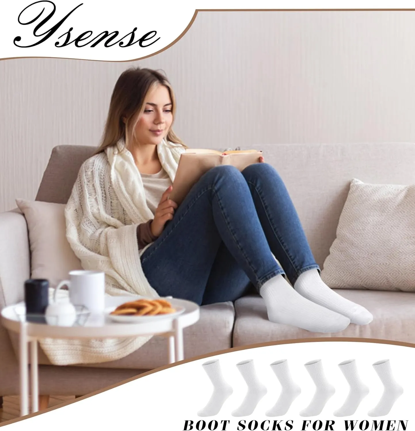 YSense 6 Pairs Women's Crew Socks Cute Aesthetic Cotton Neutral Slouch Socks for Athletic, Boot, Casual Girls