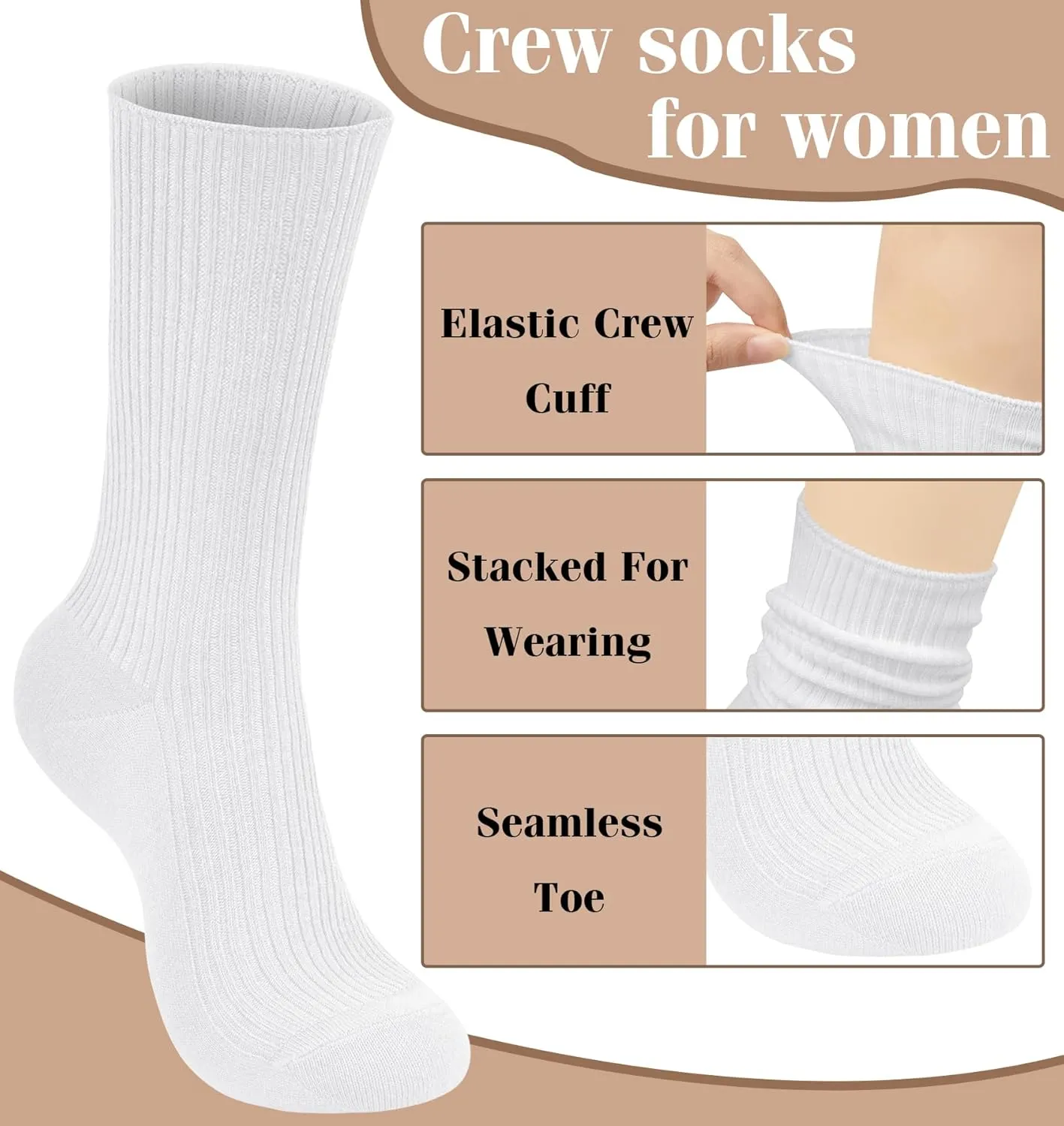 YSense 6 Pairs Women's Crew Socks Cute Aesthetic Cotton Neutral Slouch Socks for Athletic, Boot, Casual Girls