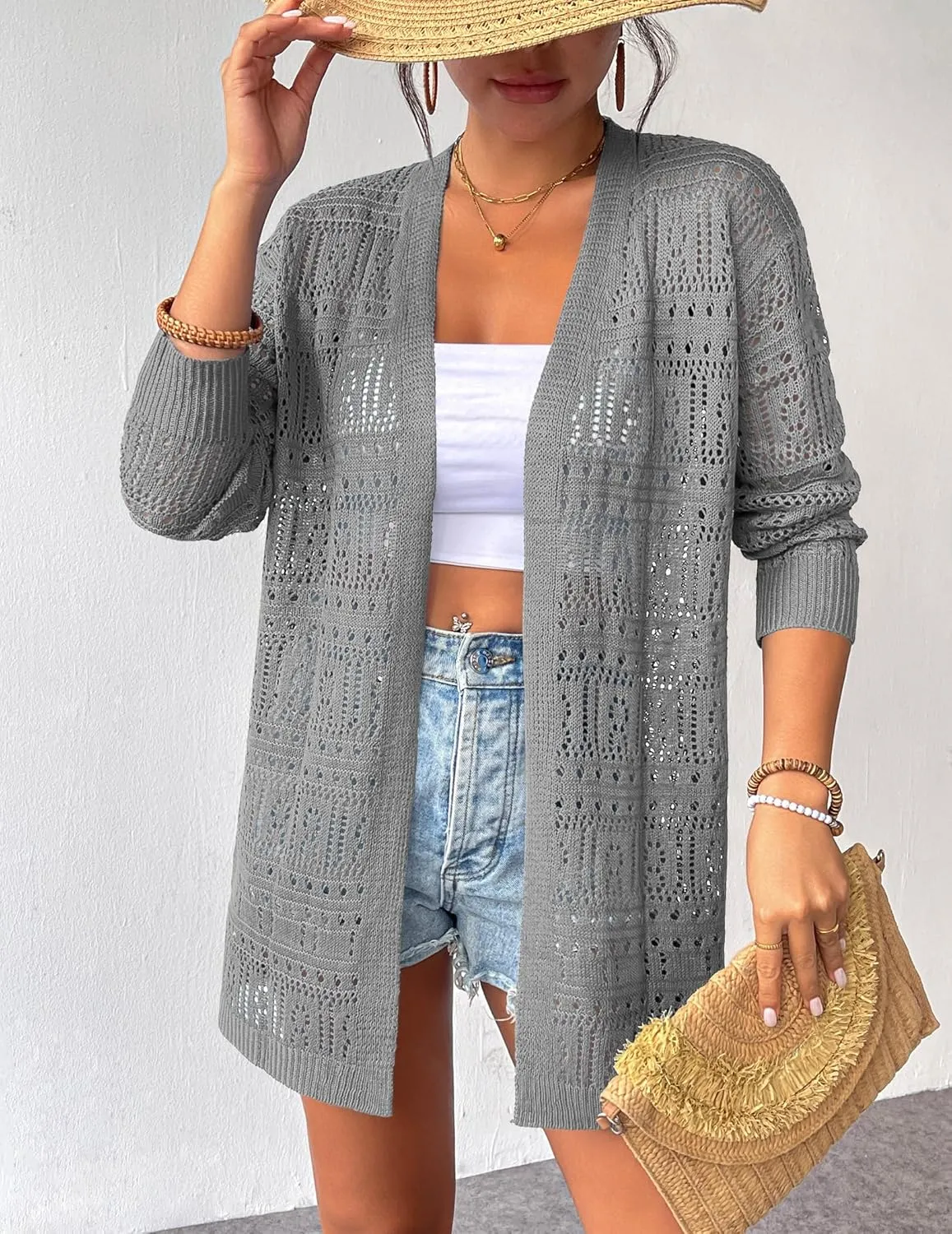 Zeagoo Womens 2025 Summer Crochet Cardigan Sweaters Lightweight Long Sleeve Open Front Kimono Boho Knit Cover Ups